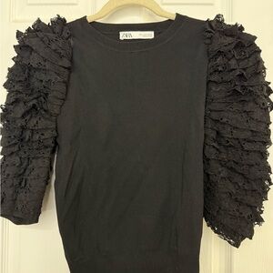 Zara Black Top with Ruffled Lace Sleeves